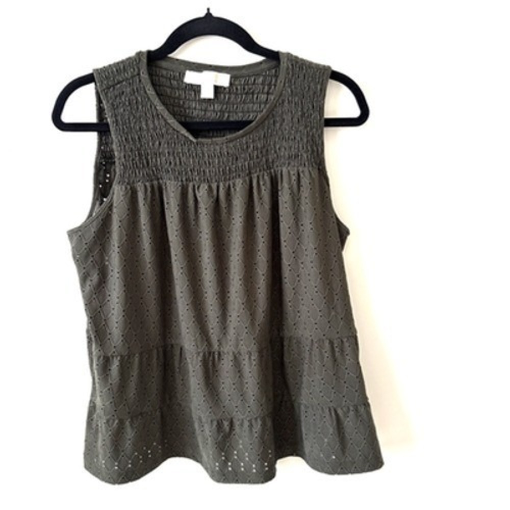 Michael Kors Tank Top Large Olive Green Eyelet Sleeveless Scoop Neck Ruffle